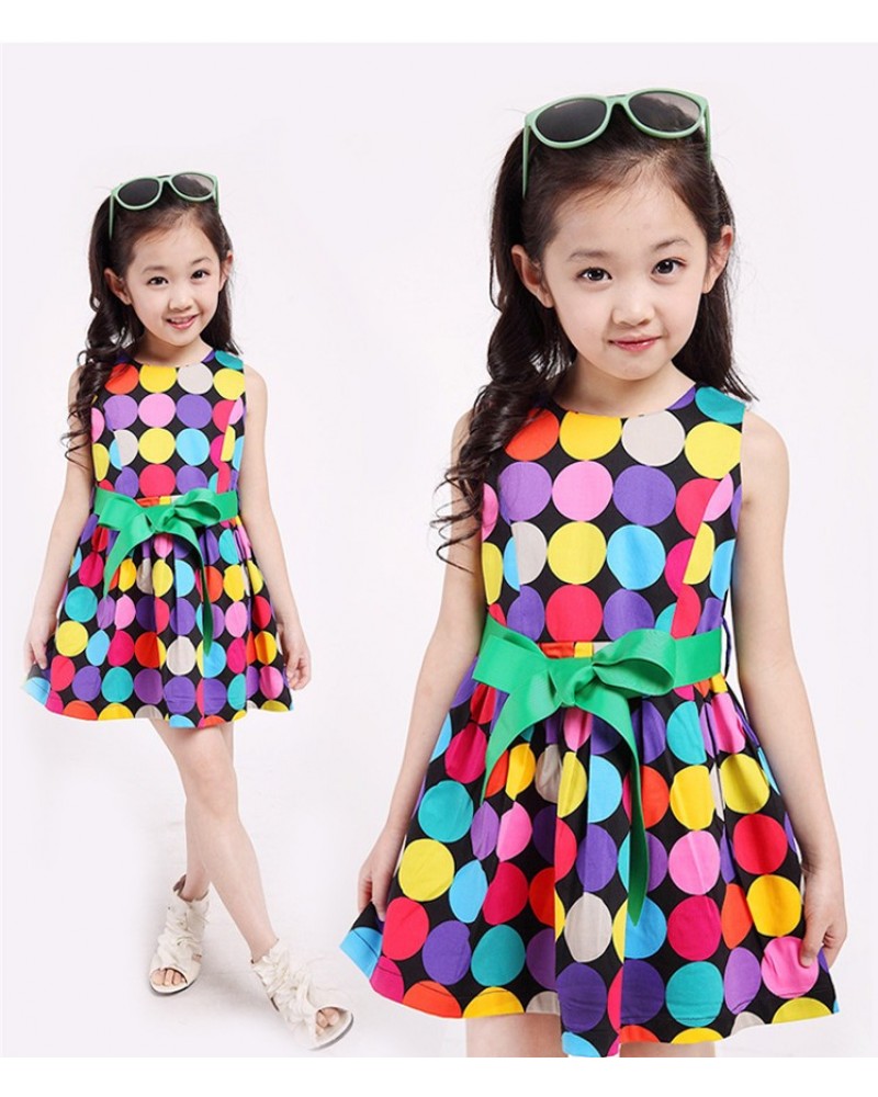 Summer Girls Fashion Rainbow Color Polka Dot Sleeveless Round Neck Big Green Ribbon Bow Belt Cotton Princess Party Show Skater Dress Free Shipping