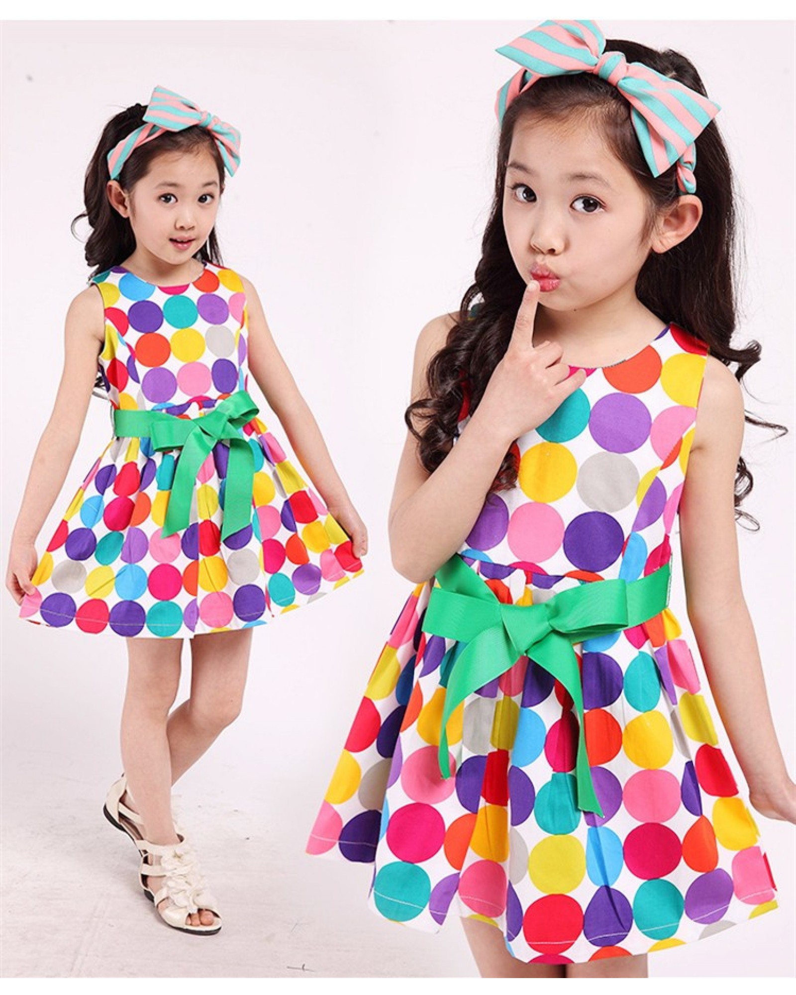 Summer Girls Fashion Rainbow Color Polka Dot Sleeveless Round Neck Big Green Ribbon Bow Belt Cotton Princess Party Show Skater Dress Free Shipping