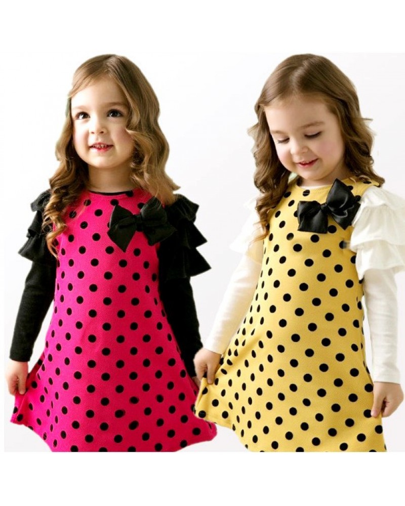 Sweetheart Baby Girls Toddler Kids Cute Polka Dot Long Flounced Sleeve Ribbon Bow Front Cotton Princess Party Dress Free Shipping