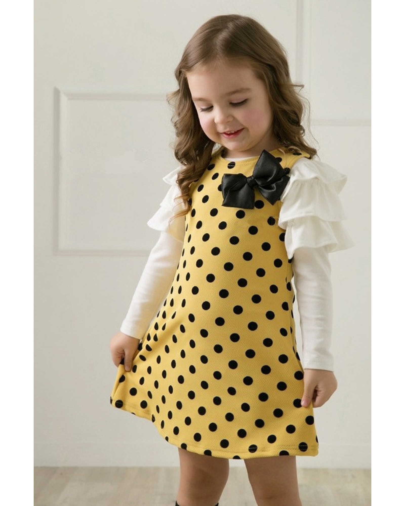 Sweetheart Baby Girls Toddler Kids Cute Polka Dot Long Flounced Sleeve Ribbon Bow Front Cotton Princess Party Dress Free Shipping