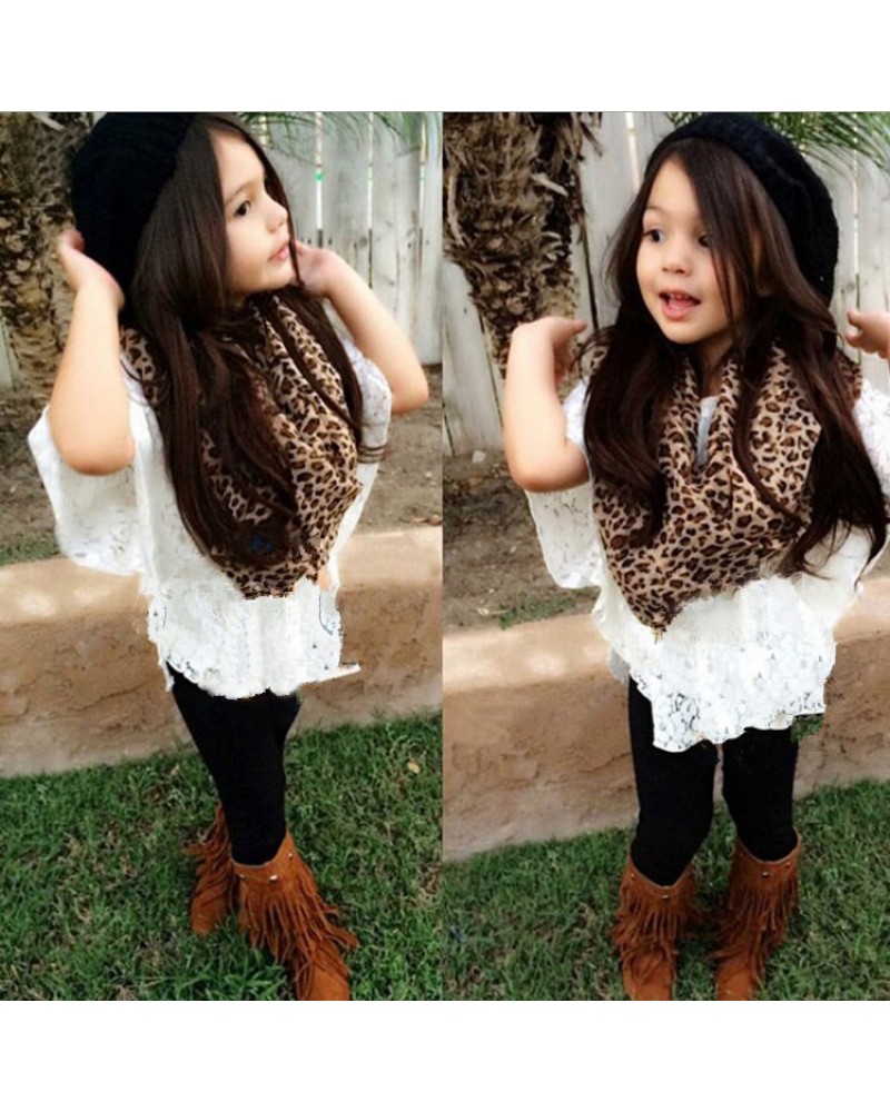 Children baby New Fashion Vest + Lace tops + Leggings + scarf 4 piece suit girl dress 2-7 Y